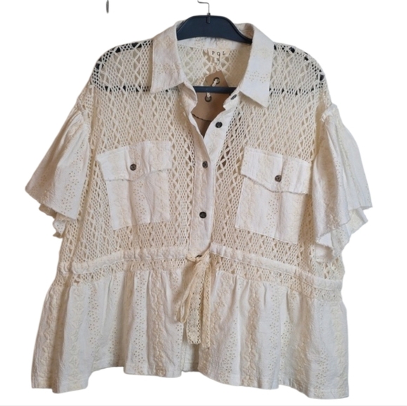 POL Coquette Crochet Shacket Cut Out Tie Top Small Cream New Raw Hem - Picture 3 of 15